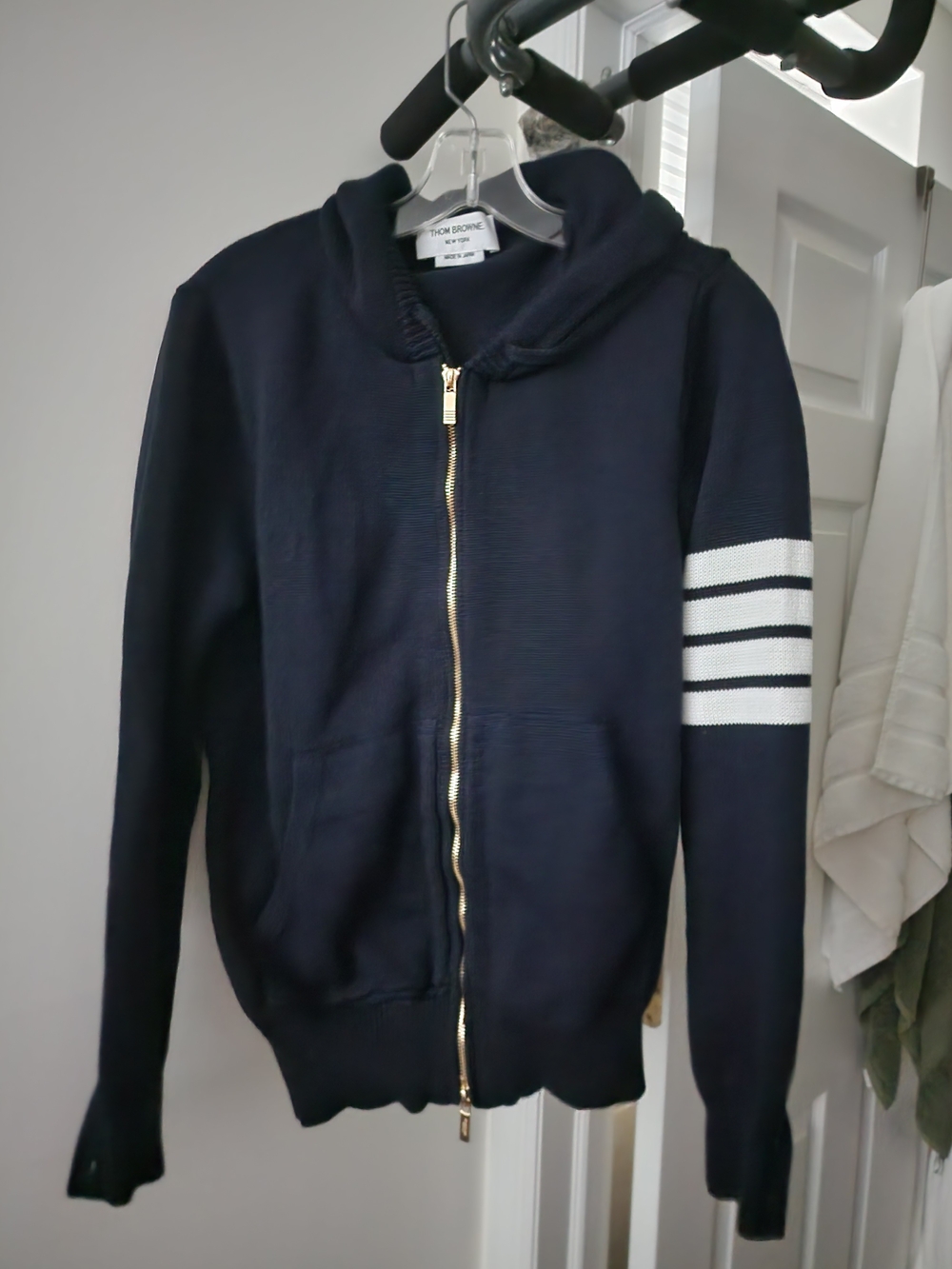 Thom Browne Navy Zip-Up Sweater with White Four-Bar Sleeve. Unisex. 2